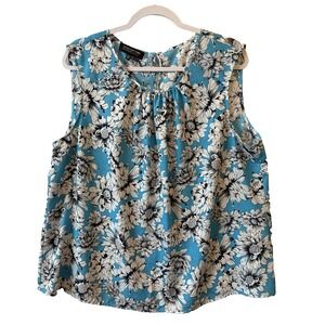 Jones NY Cobalt Blue Floral Pleated Sleeveless Blouse Tank Plus 18W Boho Cottage